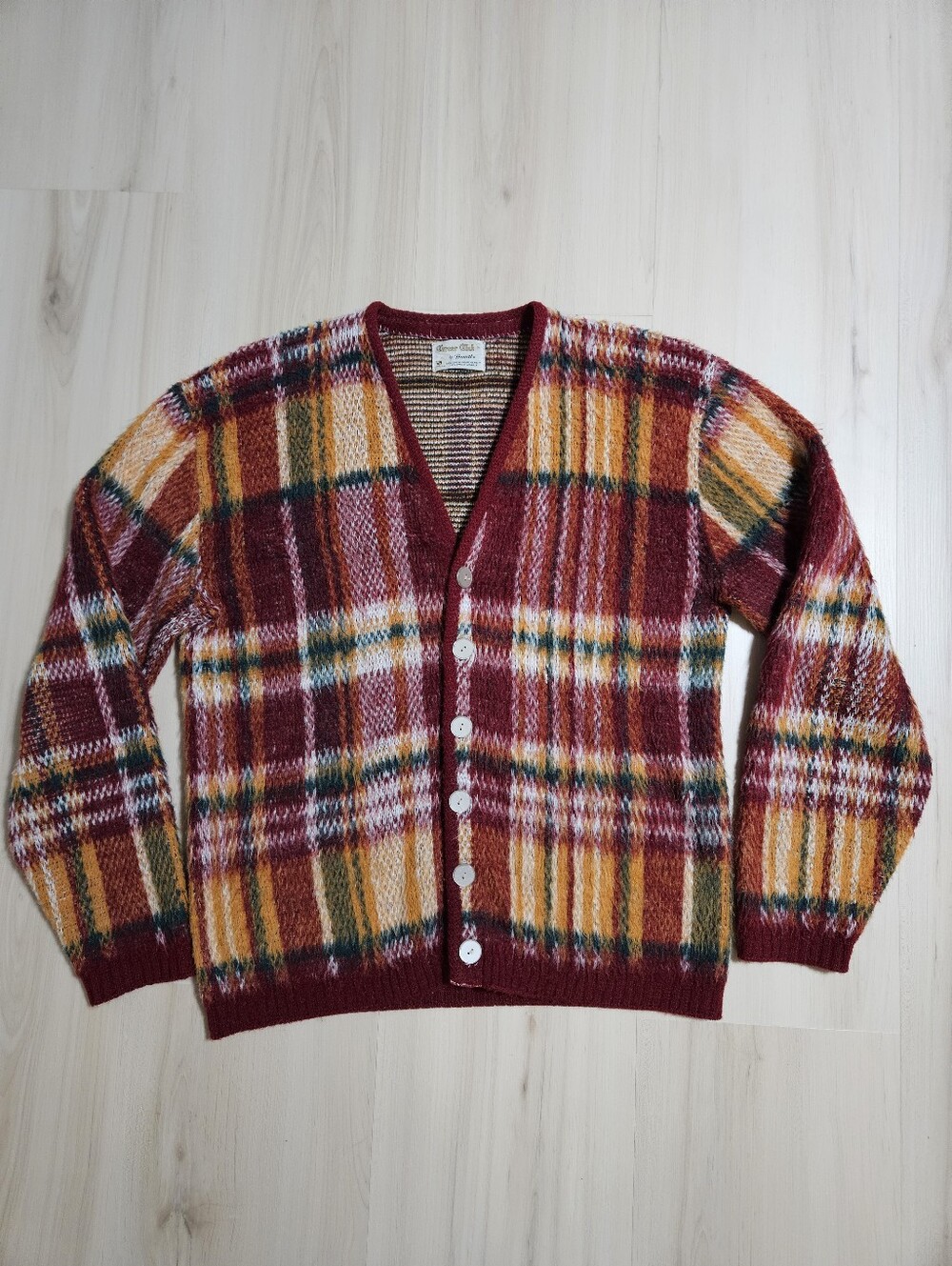 1960s Vintage Mohair Blend Plaid Cardigan Large Grunge Kurt Cobain